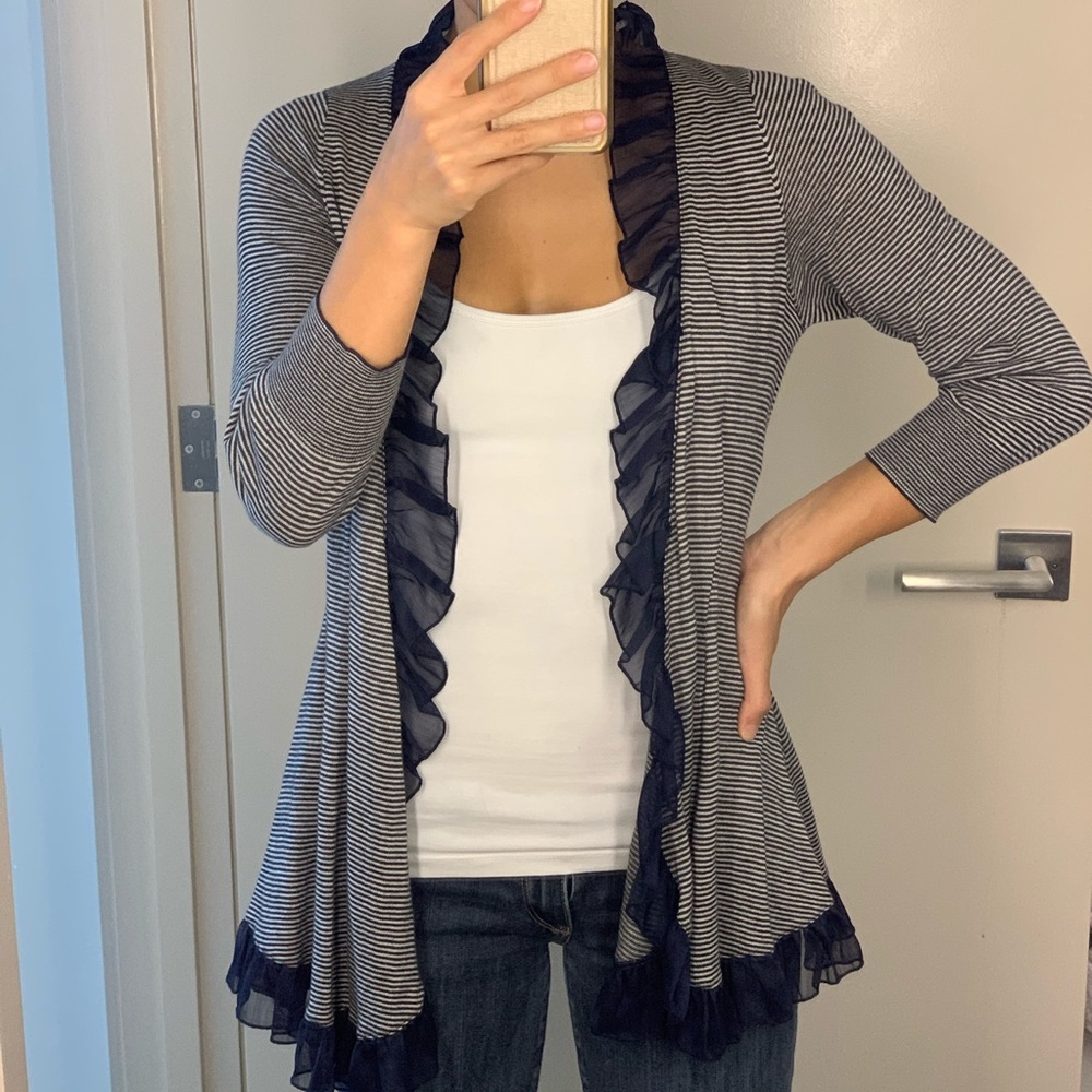Anthropologie Navy Striped Ruffle Cardigan S